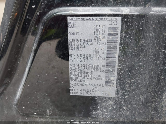 Продаж на аукціоні авто 2019 Nissan Pathfinder Sl, vin: 5N1DR2MN7KC594141, номер лоту: 45683489