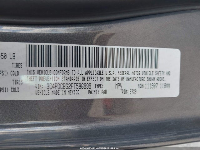 45683491 :رقم المزاد ، 3C4PDCBG2FT586999 vin ، 2015 Dodge Journey Sxt مزاد بيع