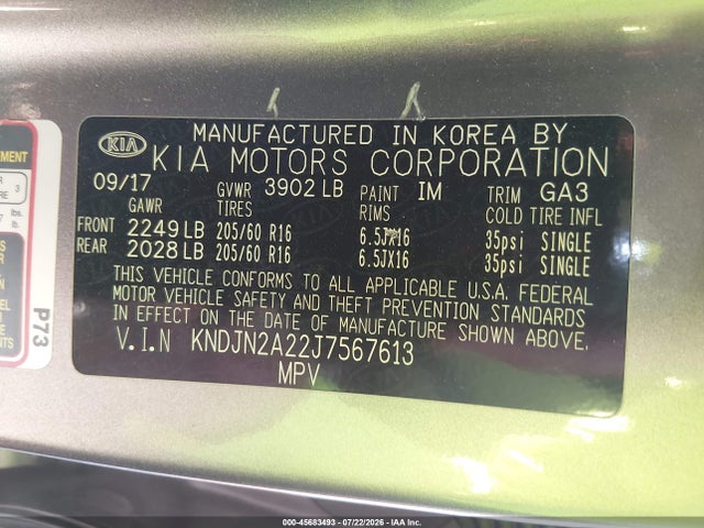 45683493 :رقم المزاد ، KNDJN2A22J7567613 vin ، 2018 Kia Soul مزاد بيع