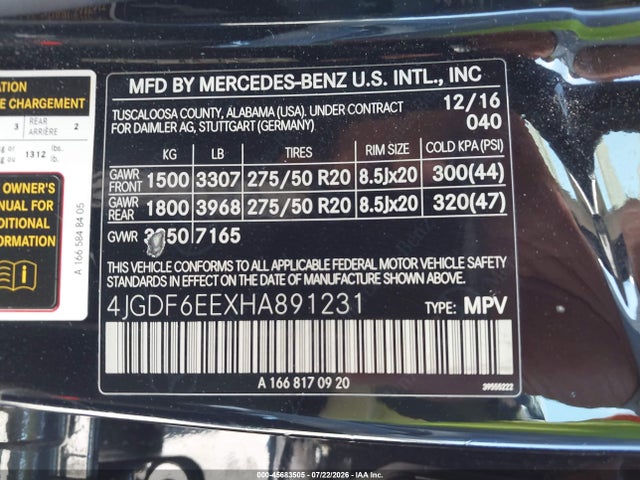 2017 Mercedes-benz Gls 450 4matic მანქანა იყიდება აუქციონზე, vin: 4JGDF6EEXHA891231, აუქციონის ნომერი: 45683505