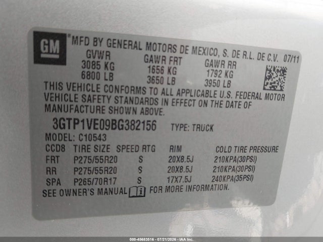 Продаж на аукціоні авто 2011 Gmc Sierra 1500 Sle, vin: 3GTP1VE09BG382156, номер лоту: 45683516