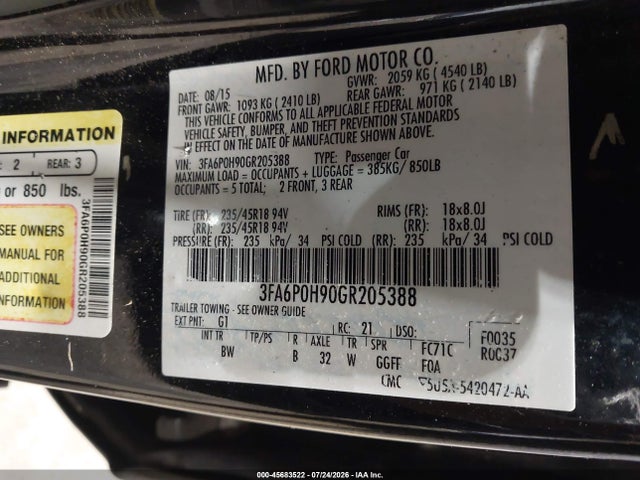 2016 Ford Fusion Se მანქანა იყიდება აუქციონზე, vin: 3FA6P0H90GR205388, აუქციონის ნომერი: 45683522