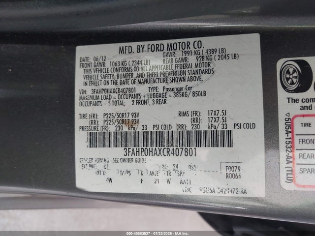 2012 Ford Fusion Se მანქანა იყიდება აუქციონზე, vin: 3FAHP0HAXCR407801, აუქციონის ნომერი: 45683527