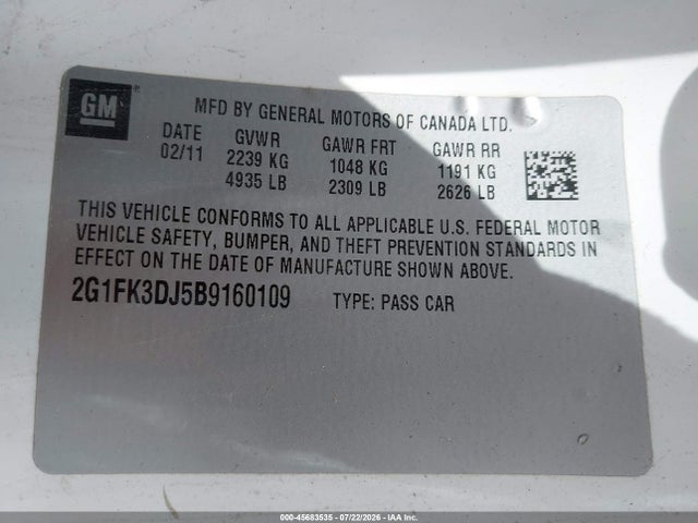 45683535 :رقم المزاد ، 2G1FK3DJ5B9160109 vin ، 2011 Chevrolet Camaro 2ss مزاد بيع