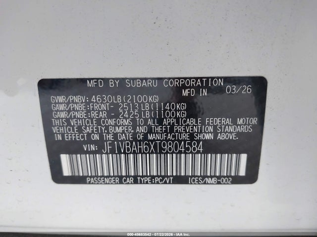 45683542 :رقم المزاد ، JF1VBAH6XT9804584 vin ، 2026 Subaru Wrx Premium مزاد بيع