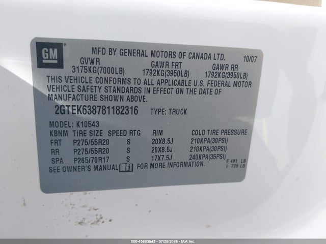 45683543 :رقم المزاد ، 2GTEK638781182316 vin ، 2008 Gmc Sierra 1500 Denali مزاد بيع