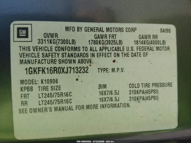 Aukcja sprzedaży 1999 Gmc Suburban Slt Gm Buypower, vin: 1GKFK16R0XJ713232, numer aukcji: 45683550
