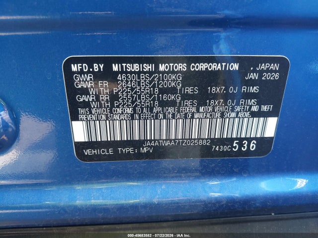 Продажа на аукционе авто 2026 Mitsubishi Eclipse Cross Black Edition S-awc/se S-awc/sel S-awc, vin: JA4ATWAA7TZ025882, номер лота: 45683582