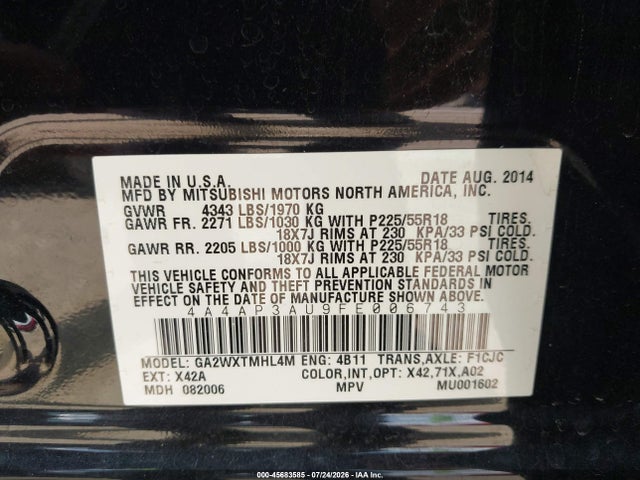 Aukcja sprzedaży 2015 Mitsubishi Outlander Sport Es, vin: 4A4AP3AU9FE006743, numer aukcji: 45683585