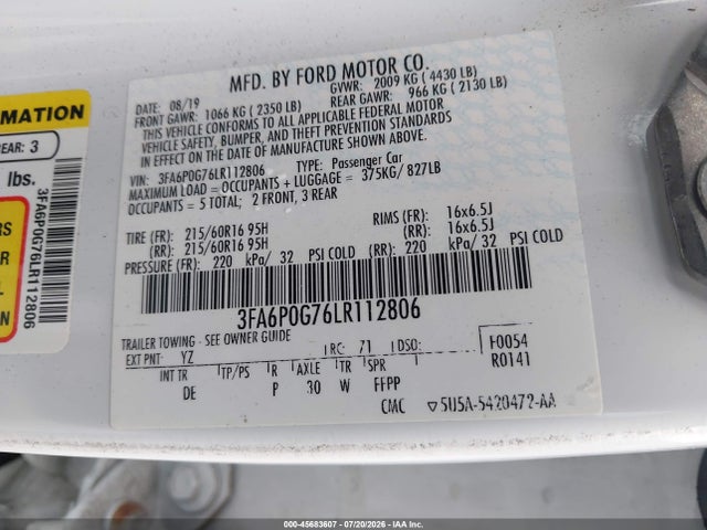 Ford FUSION S 2020 3FA6P0G76LR112806 Image 9