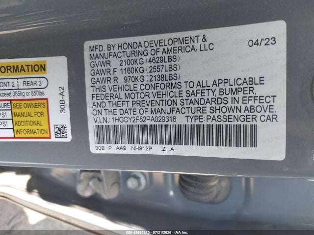 Aukcja sprzedaży 2023 Honda Accord Hybrid Sport, vin: 1HGCY2F52PA029316, numer aukcji: 45683610