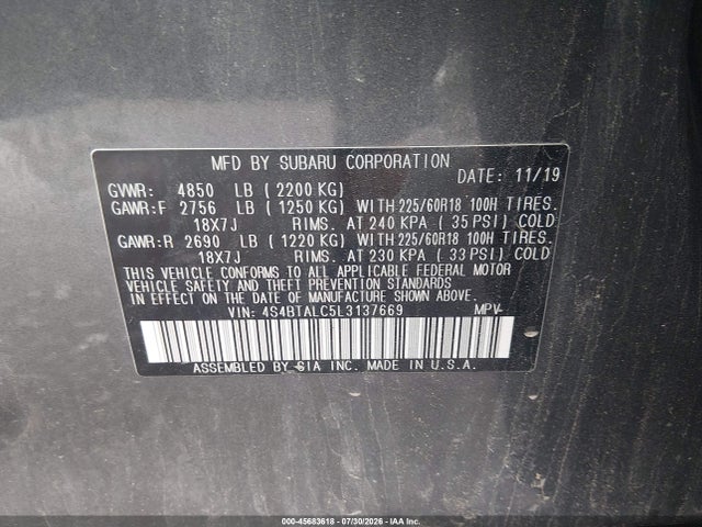 45683618 :رقم المزاد ، 4S4BTALC5L3137669 vin ، 2020 Subaru Outback Limited مزاد بيع