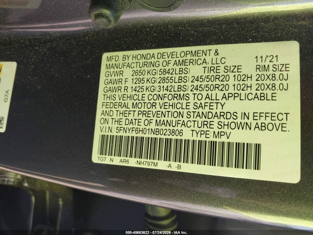 Aukcja sprzedaży 2022 Honda Pilot Awd Elite, vin: 5FNYF6H01NB023806, numer aukcji: 45683622