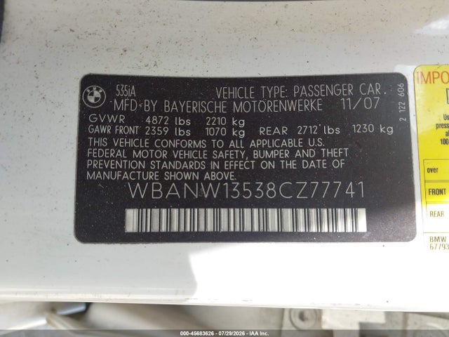 Продажа на аукционе авто 2008 Bmw 535i, vin: WBANW13538CZ77741, номер лота: 45683626