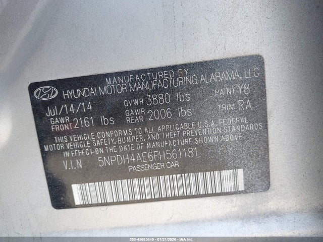 5NPDH4AE6FH561181 Hyundai ELANTRA SE
