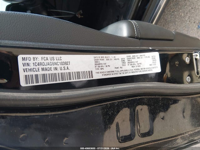 Aukcja sprzedaży 2022 Dodge Durango Sxt Awd, vin: 1C4RDJAG6NC103927, numer aukcji: 45683655