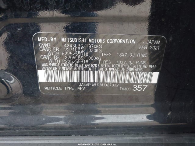 2021 Mitsubishi Outlander Sport 2.0 Be 2wd/2.0 Es 2wd/2.0 Le 2wd/2.0 S 2wd მანქანა იყიდება აუქციონზე, vin: JA4APUAU1MU027032, აუქციონის ნომერი: 45683676