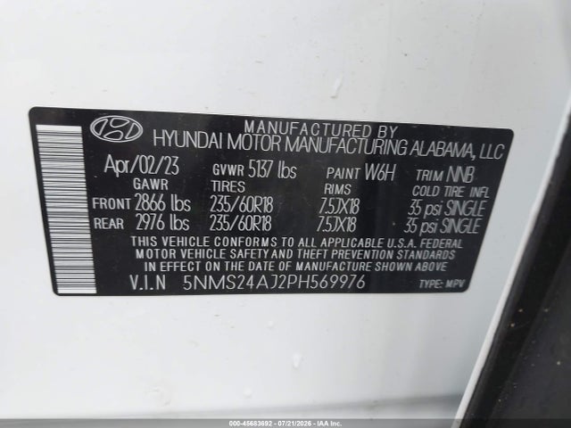 2023 Hyundai Santa Fe Sel მანქანა იყიდება აუქციონზე, vin: 5NMS24AJ2PH569976, აუქციონის ნომერი: 45683692
