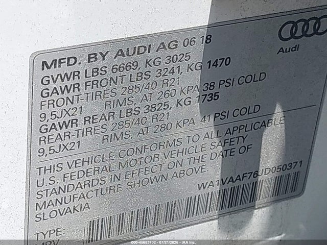 Продажа на аукционе авто 2018 Audi Q7 3.0t Premium, vin: WA1VAAF76JD050371, номер лота: 45683702