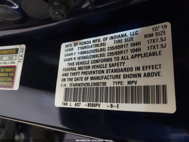 45683706 :رقم المزاد ، 7FARW2H28LE006730 vin ، 2020 Honda Cr-v Awd Lx مزاد بيع