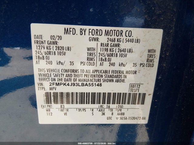 Aukcja sprzedaży 2020 Ford Edge Sel, vin: 2FMPK4J93LBA55148, numer aukcji: 45683709