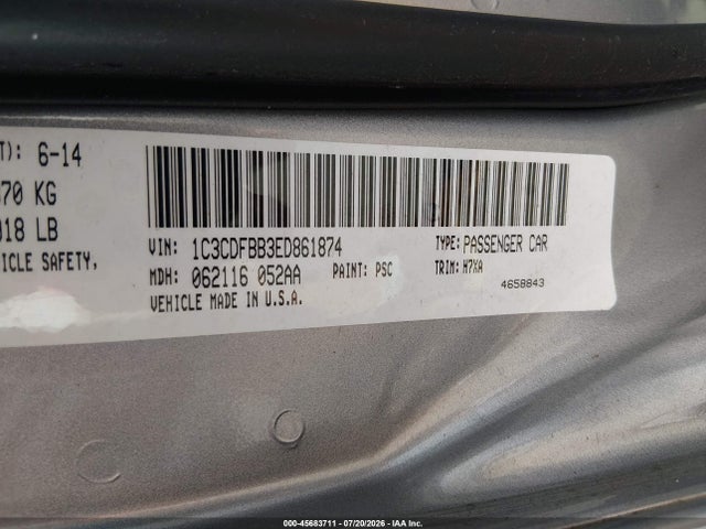 2014 Dodge Dart Sxt მანქანა იყიდება აუქციონზე, vin: 1C3CDFBB3ED861874, აუქციონის ნომერი: 45683711