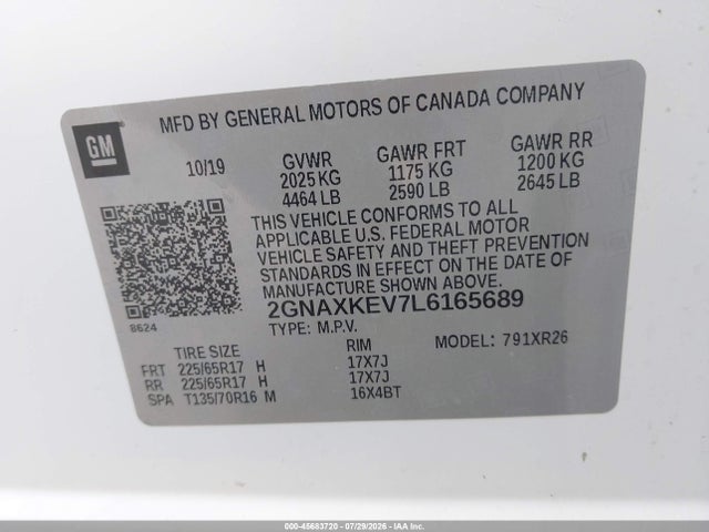 2020 Chevrolet Equinox Fwd Lt 1.5l Turbo მანქანა იყიდება აუქციონზე, vin: 2GNAXKEV7L6165689, აუქციონის ნომერი: 45683720
