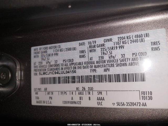 Продажа на аукционе авто 2020 Lincoln Corsair Standard, vin: 5LMCJ1C94LUL04156, номер лота: 45683729