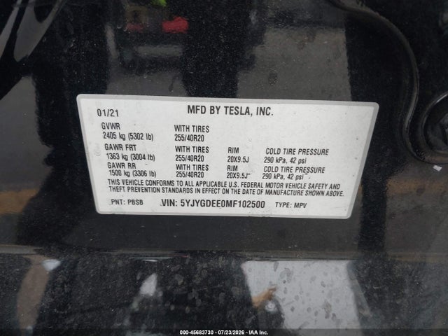 Продаж на аукціоні авто 2021 Tesla Model Y Long Range Dual Motor All-wheel Drive, vin: 5YJYGDEE0MF102500, номер лоту: 45683730