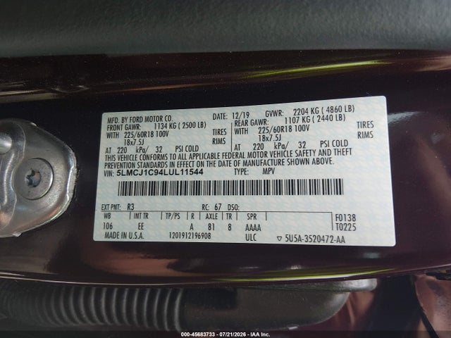 Aukcja sprzedaży 2020 Lincoln Corsair Standard, vin: 5LMCJ1C94LUL11544, numer aukcji: 45683733
