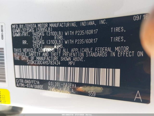 5TDKZ3DC4HS783434 Toyota Sienna Le 8 Passenger