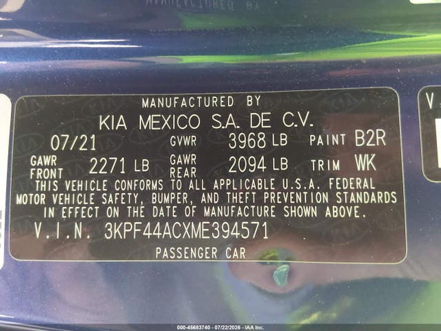 Продажа на аукционе авто 2021 Kia Forte Gt, vin: 3KPF44ACXME394571, номер лота: 45683740