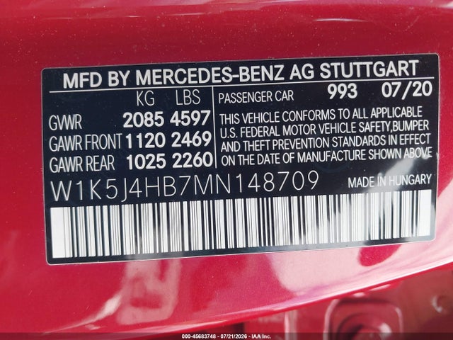 Продажа на аукционе авто 2021 Mercedes-benz Cla 250 4matic, vin: W1K5J4HB7MN148709, номер лота: 45683748