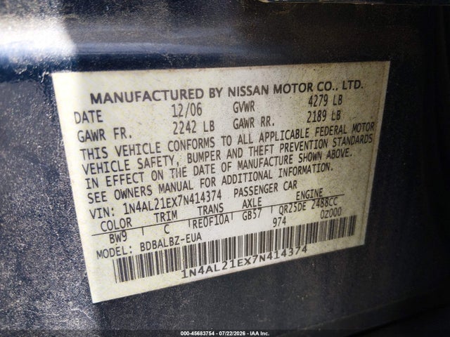 Продаж на аукціоні авто 2007 Nissan Altima 2.5 S, vin: 1N4AL21EX7N414374, номер лоту: 45683754