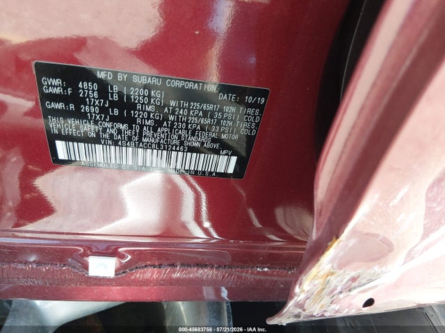 2020 Subaru Outback Premium მანქანა იყიდება აუქციონზე, vin: 4S4BTACC8L3124463, აუქციონის ნომერი: 45683758