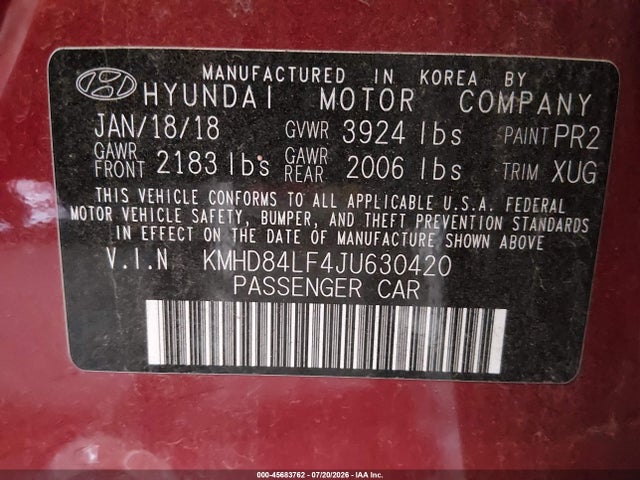 Продажа на аукционе авто 2018 Hyundai Elantra Sel, vin: KMHD84LF4JU630420, номер лота: 45683762