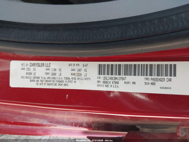 Продаж на аукціоні авто 2008 Dodge Avenger Se, vin: 1B3LC46K38N137647, номер лоту: 45683785