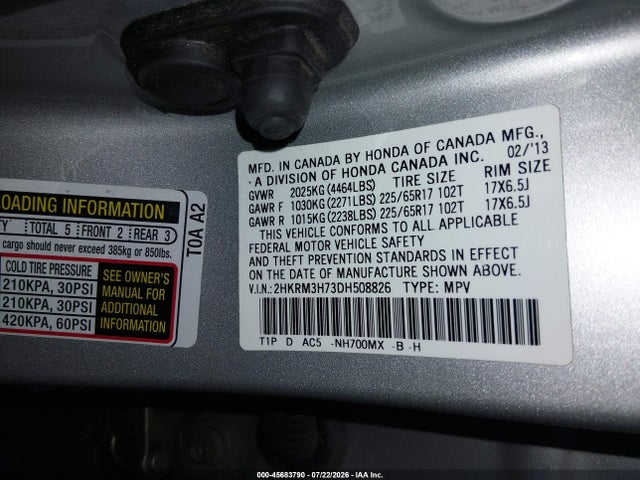 Продажа на аукционе авто 2013 Honda Cr-v Ex-l, vin: 2HKRM3H73DH508826, номер лота: 45683790