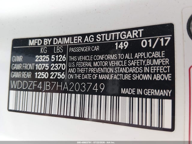 45683791 :رقم المزاد ، WDDZF4JB7HA203749 vin ، 2017 Mercedes-benz E 300 مزاد بيع