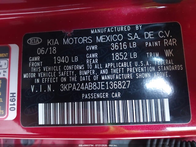 Auction sale of the 2018 Kia Rio S, vin: 3KPA24AB8JE136827, lot number: 45683794