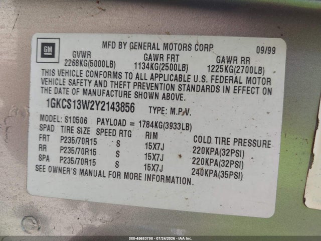Продаж на аукціоні авто 2000 Gmc Jimmy, vin: 1GKCS13W2Y2143856, номер лоту: 45683798