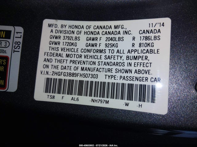 Honda CIVIC EX 2015 2HGFG3B89FH507303 Image 9
