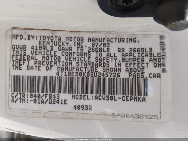 Продажа на аукционе авто 2003 Toyota Camry Le, vin: 4T1BE30K03U245726, номер лота: 45683803