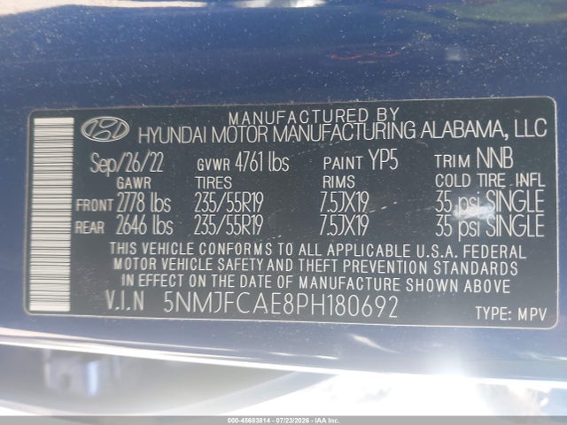 45683814 :رقم المزاد ، 5NMJFCAE8PH180692 vin ، 2023 Hyundai Tucson Sel مزاد بيع