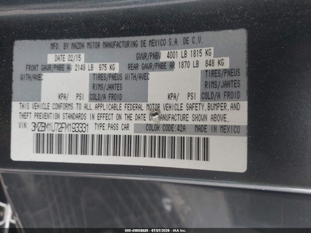 45683825 :رقم المزاد ، 3MZBM1U72FM193331 vin ، 2015 Mazda Mazda3 I Sport مزاد بيع