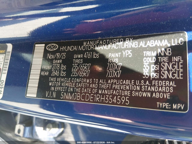 2024 Hyundai Tucson Sel მანქანა იყიდება აუქციონზე, vin: 5NMJBCDE1RH354595, აუქციონის ნომერი: 45683858
