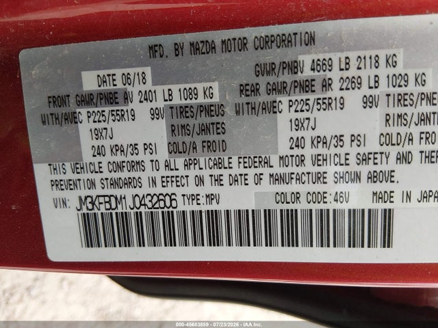 2018 Mazda Cx-5 Grand Touring მანქანა იყიდება აუქციონზე, vin: JM3KFBDM1J0432606, აუქციონის ნომერი: 45683859