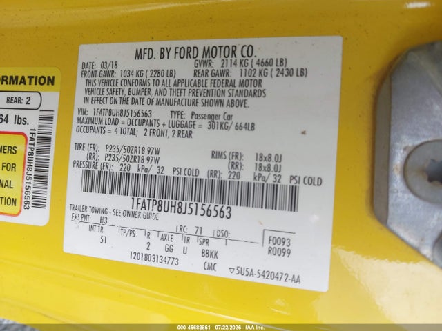 Продаж на аукціоні авто 2018 Ford Mustang Ecoboost Premium, vin: 1FATP8UH8J5156563, номер лоту: 45683861