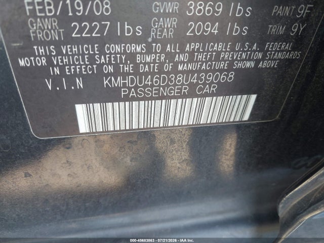 2008 Hyundai Elantra Gls/se მანქანა იყიდება აუქციონზე, vin: KMHDU46D38U439068, აუქციონის ნომერი: 45683863