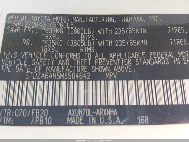 2021 Toyota Highlander Hybrid Le მანქანა იყიდება აუქციონზე, vin: 5TDZARAH5MS504642, აუქციონის ნომერი: 45683870